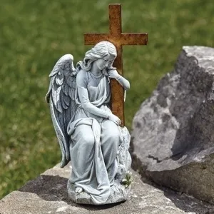 13"H Angel with cross on Stone Garden Statue