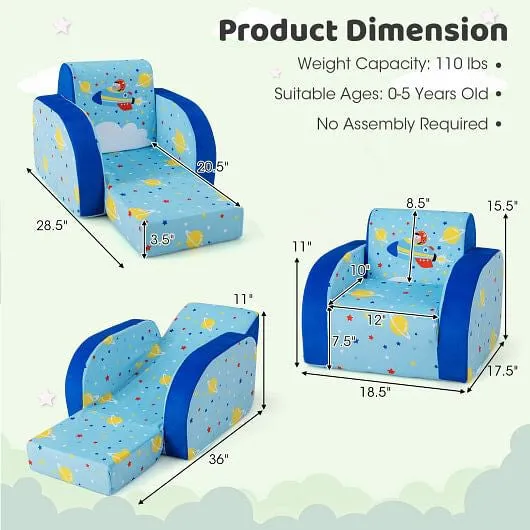 3 in 1 Convertible Flip Open Kids Sofa for Nap Play Sleep - Color: Blue
