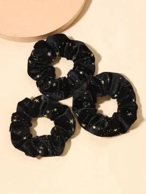 3pcs/set Star Pattern Velvet Fabric Hair Scrunchies With Gold Foil, Suitable For Daily Use