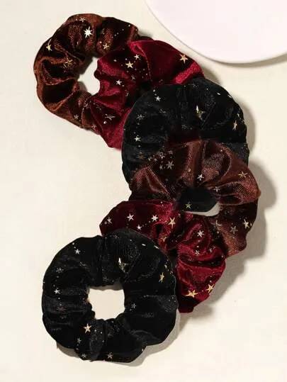 3pcs/set Star Pattern Velvet Fabric Hair Scrunchies With Gold Foil, Suitable For Daily Use