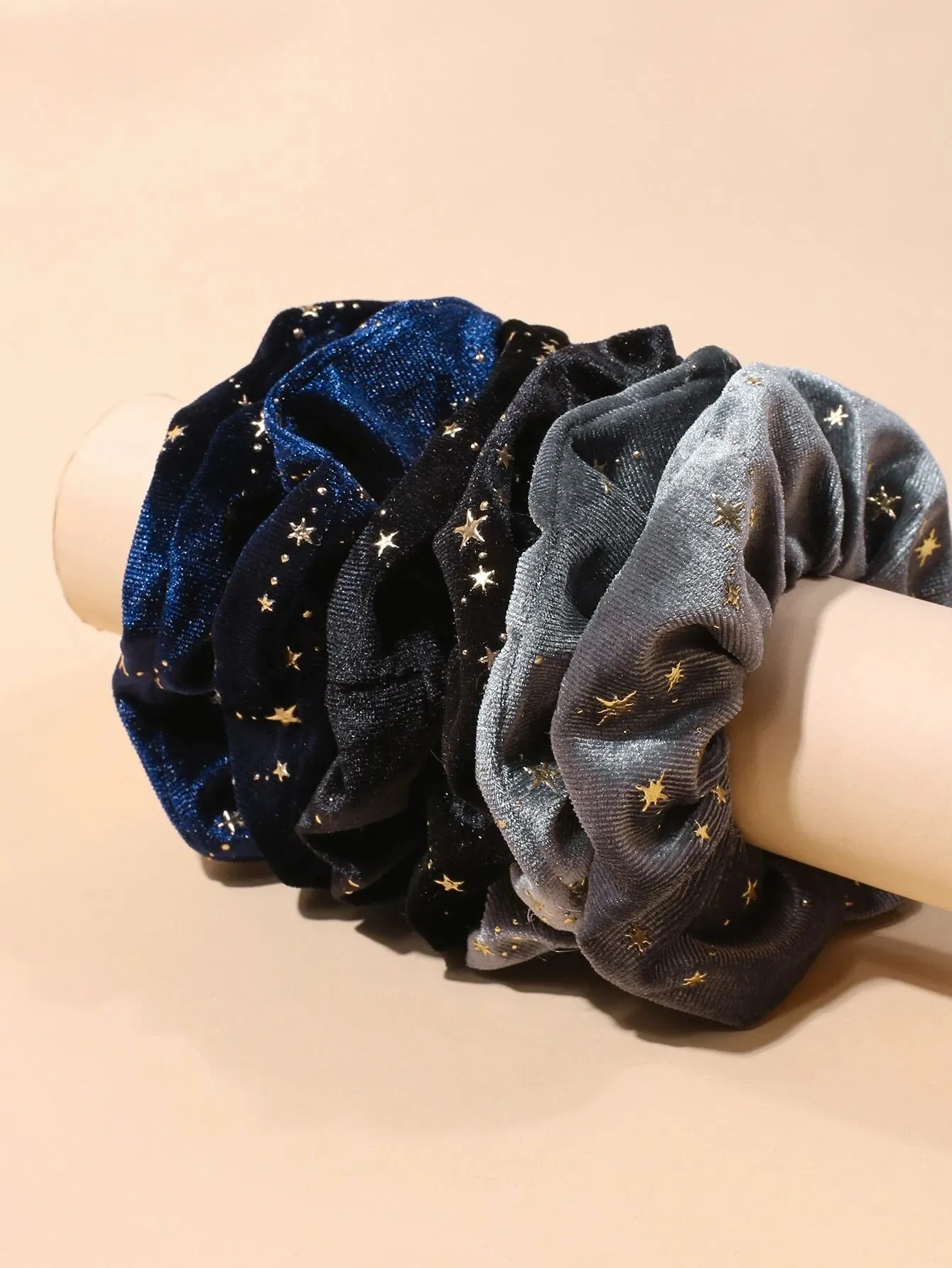 3pcs/set Star Pattern Velvet Fabric Hair Scrunchies With Gold Foil, Suitable For Daily Use