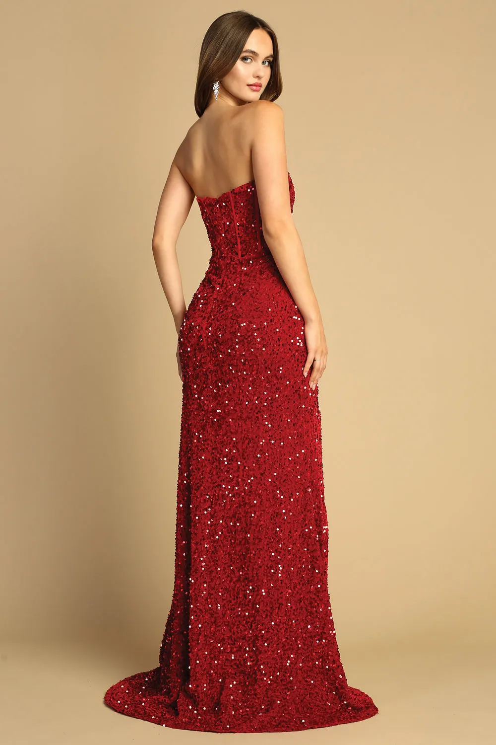 AD 3126 - Strapless Boned Bodice Flip Sequin Prom Gown With Leg Slit