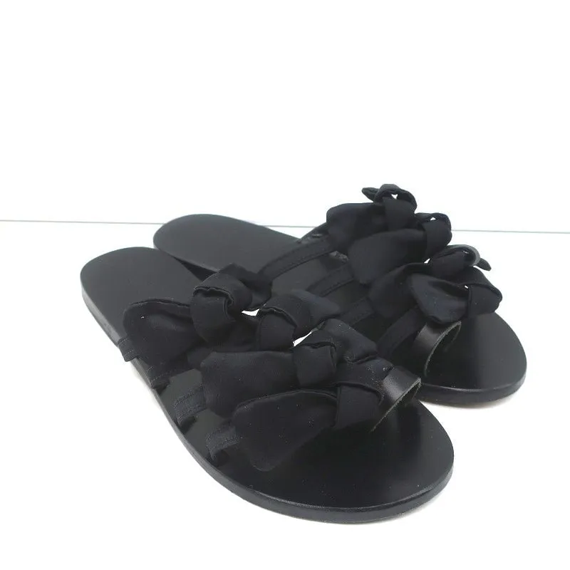 Ancient Greek Sandals Hara Bow Slide Sandals Black Satin Size 38