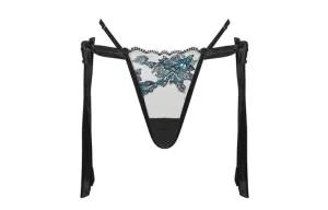 Applique Floral Side Tie Thong - Black/Jewel Blue -