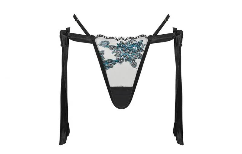 Applique Floral Side Tie Thong - Black/Jewel Blue -
