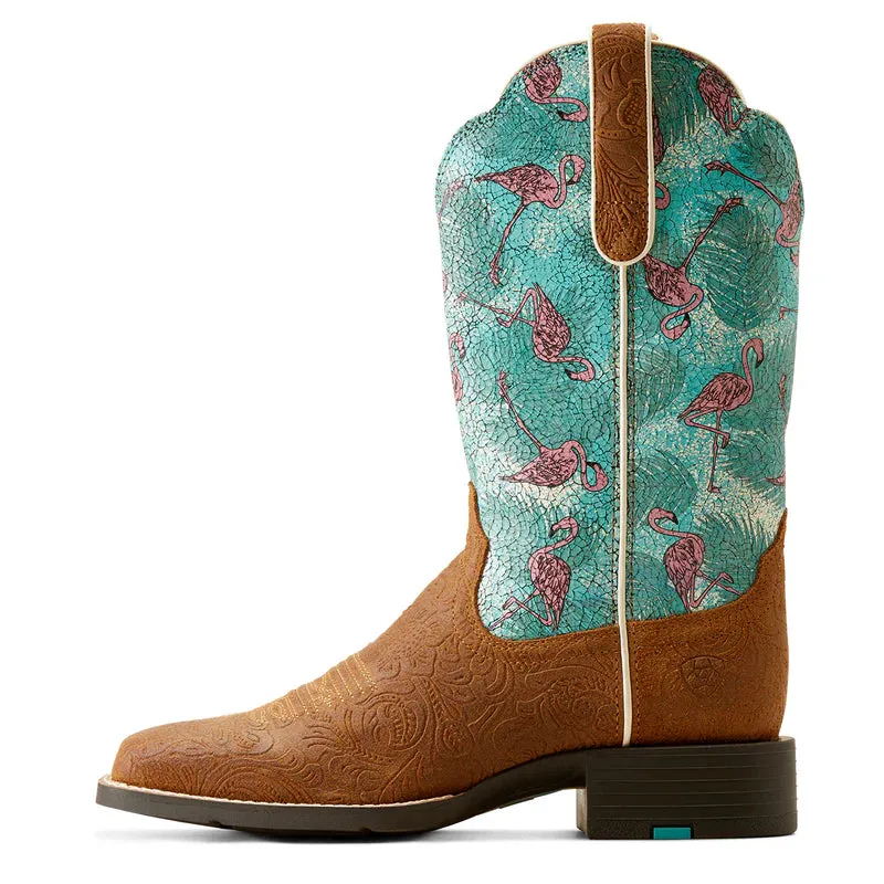 Ariat Ladies Round Up Wide Square Toe Embossed Chestnut Flamingos