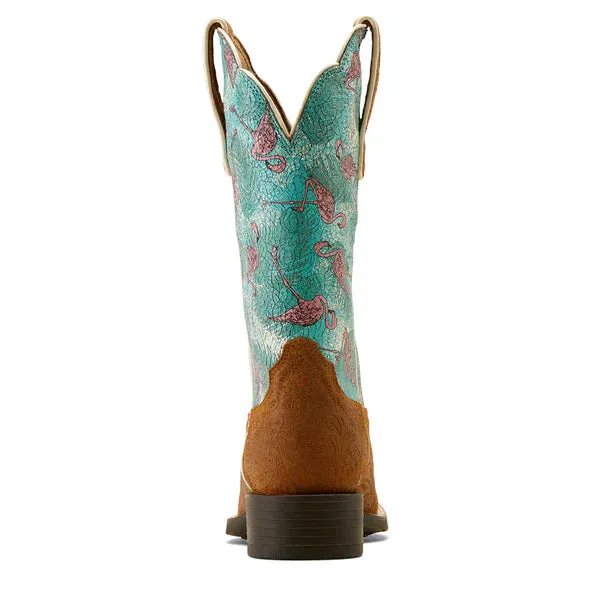 Ariat Ladies Round Up Wide Square Toe Embossed Chestnut Flamingos