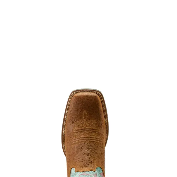 Ariat Ladies Round Up Wide Square Toe Embossed Chestnut Flamingos