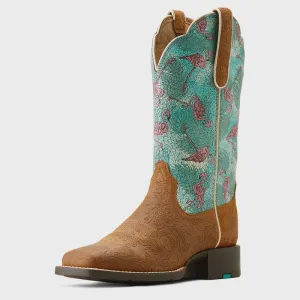 Ariat Ladies Round Up Wide Square Toe Embossed Chestnut Flamingos