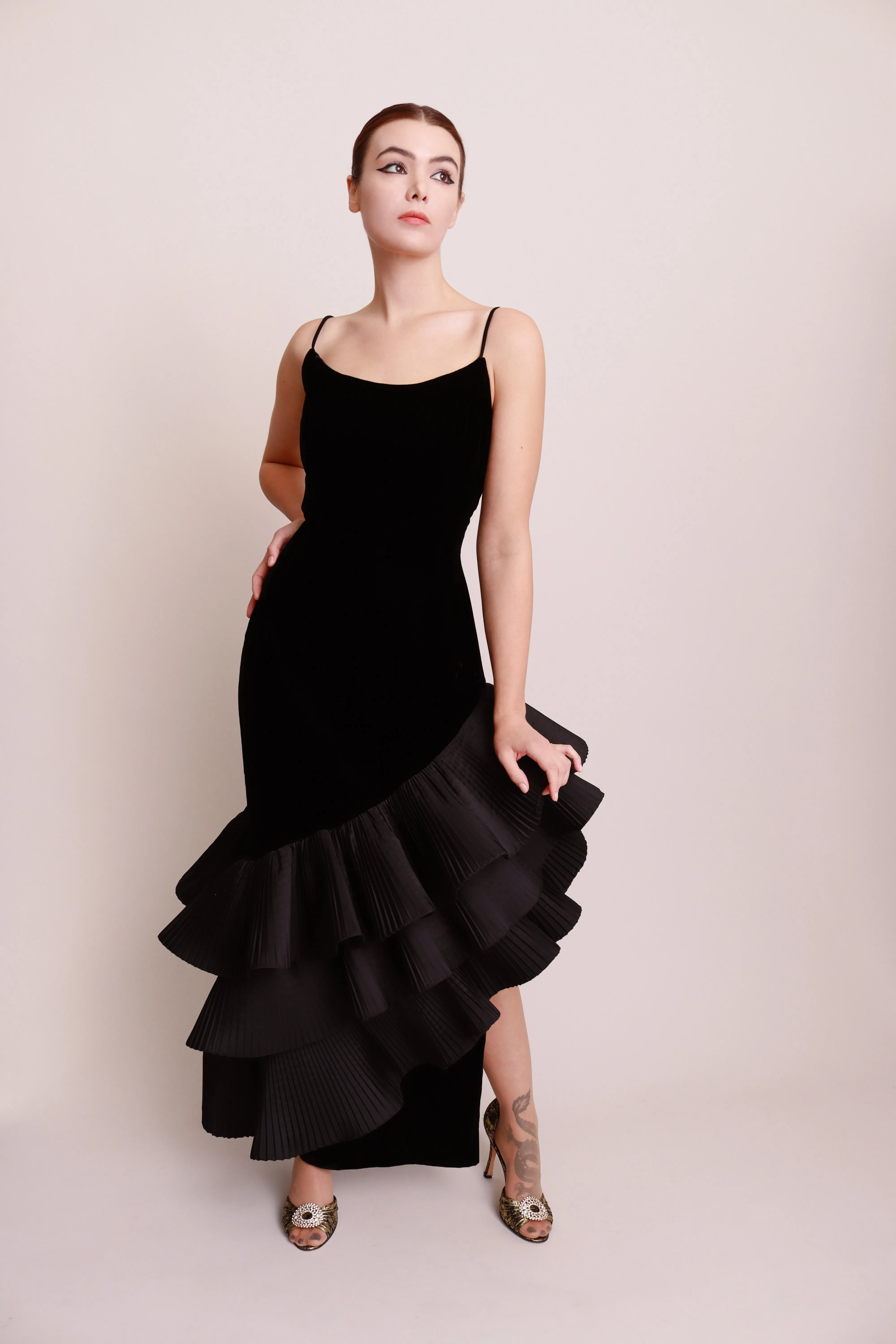 Asymmetric Ruffle Velvet Dress