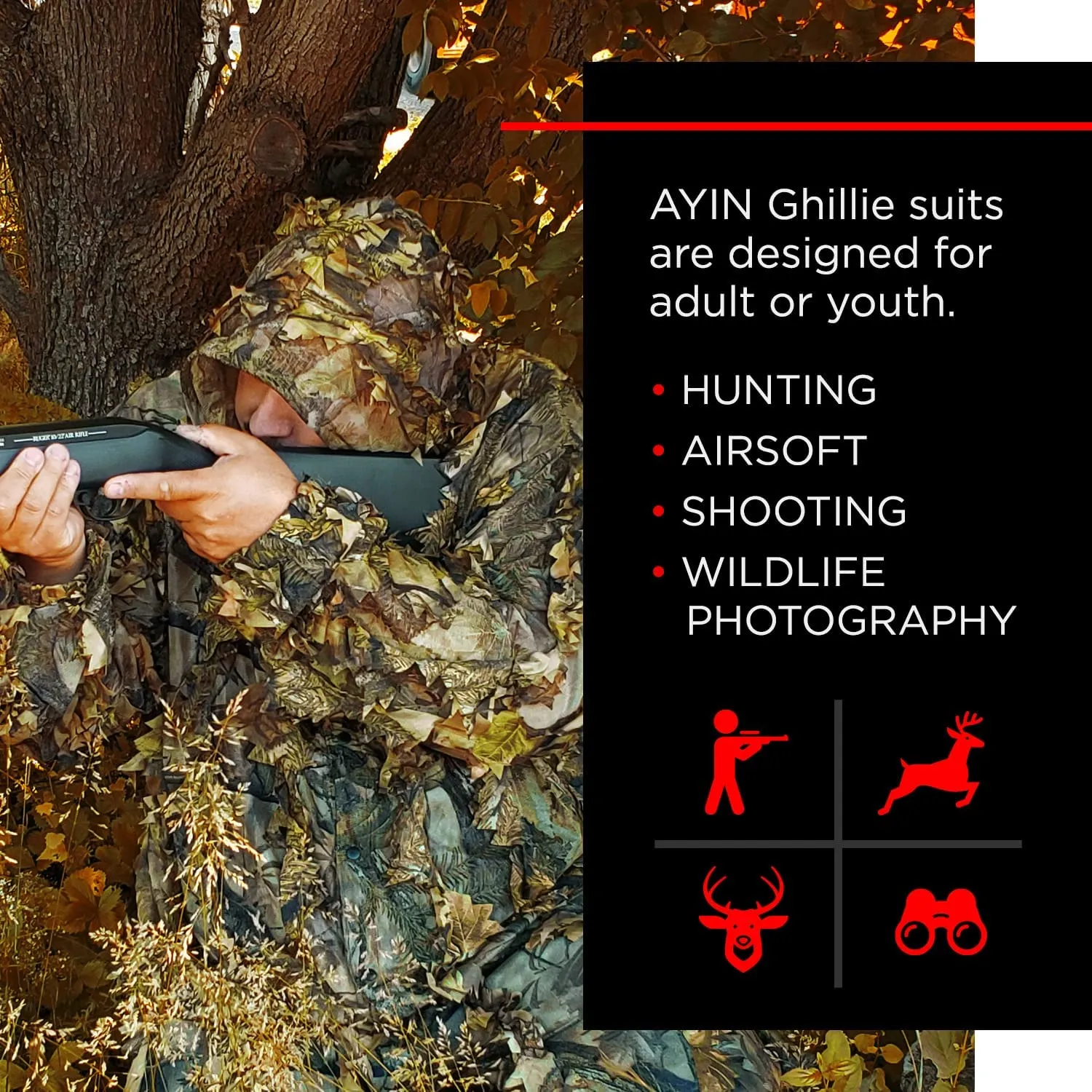 AYIN Ghillie Suit for Men, Hunting Suits for Men, 3D Leaf Bush Ghillie Suit Camo for Turkey Hunting, Woodland Gilly Suits, Hooded Gillies for Men or Youth Camo Hunting Suits (Autumn Brown)
