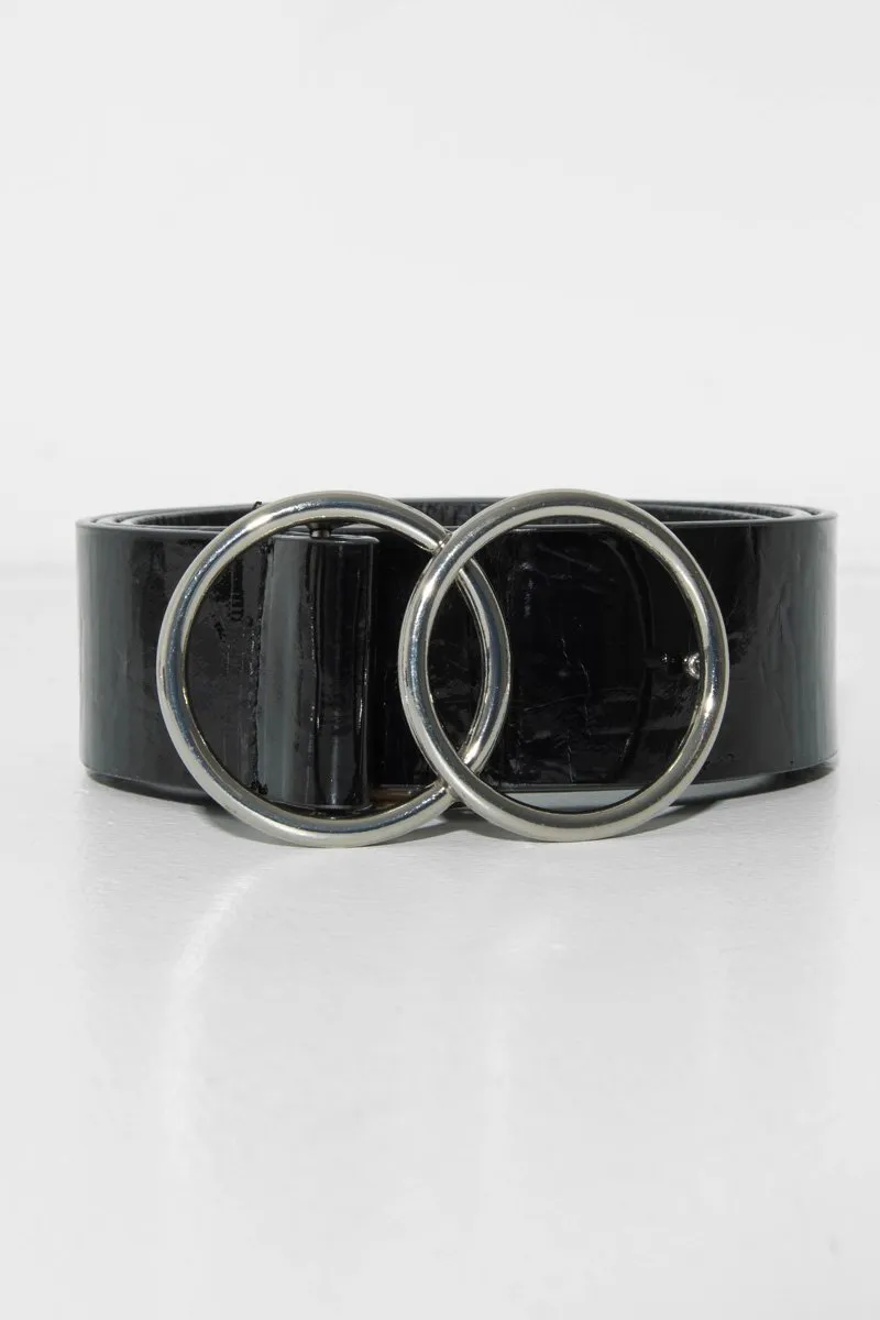 Black Basic Patent Double Circle Buckle Belt - Tansy