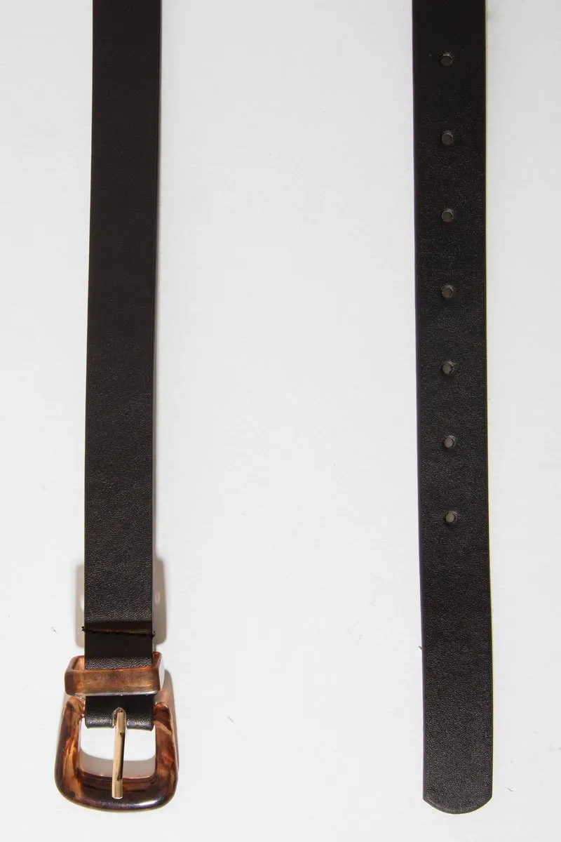 Black Faux Leather Brown Tortoise Shell Buckle Belt - Carsen