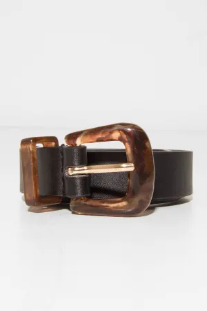 Black Faux Leather Brown Tortoise Shell Buckle Belt - Carsen