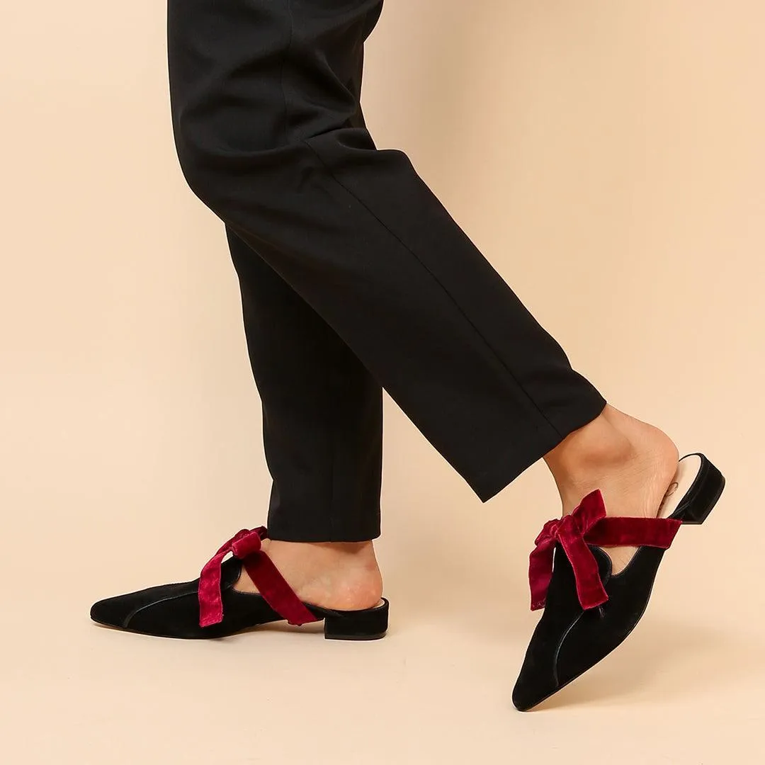 Black Suede Pointed Loafer   Red Velvet Marie Strap