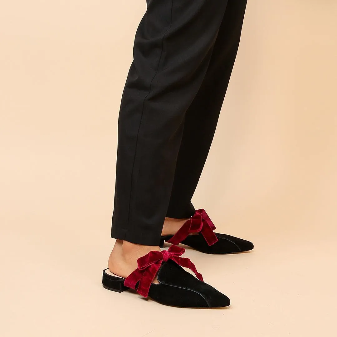 Black Suede Pointed Loafer   Red Velvet Marie Strap