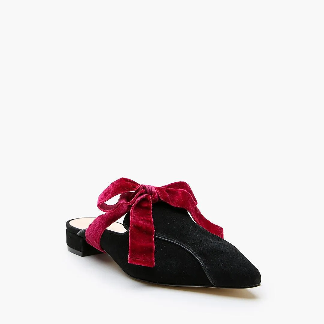 Black Suede Pointed Loafer   Red Velvet Marie Strap