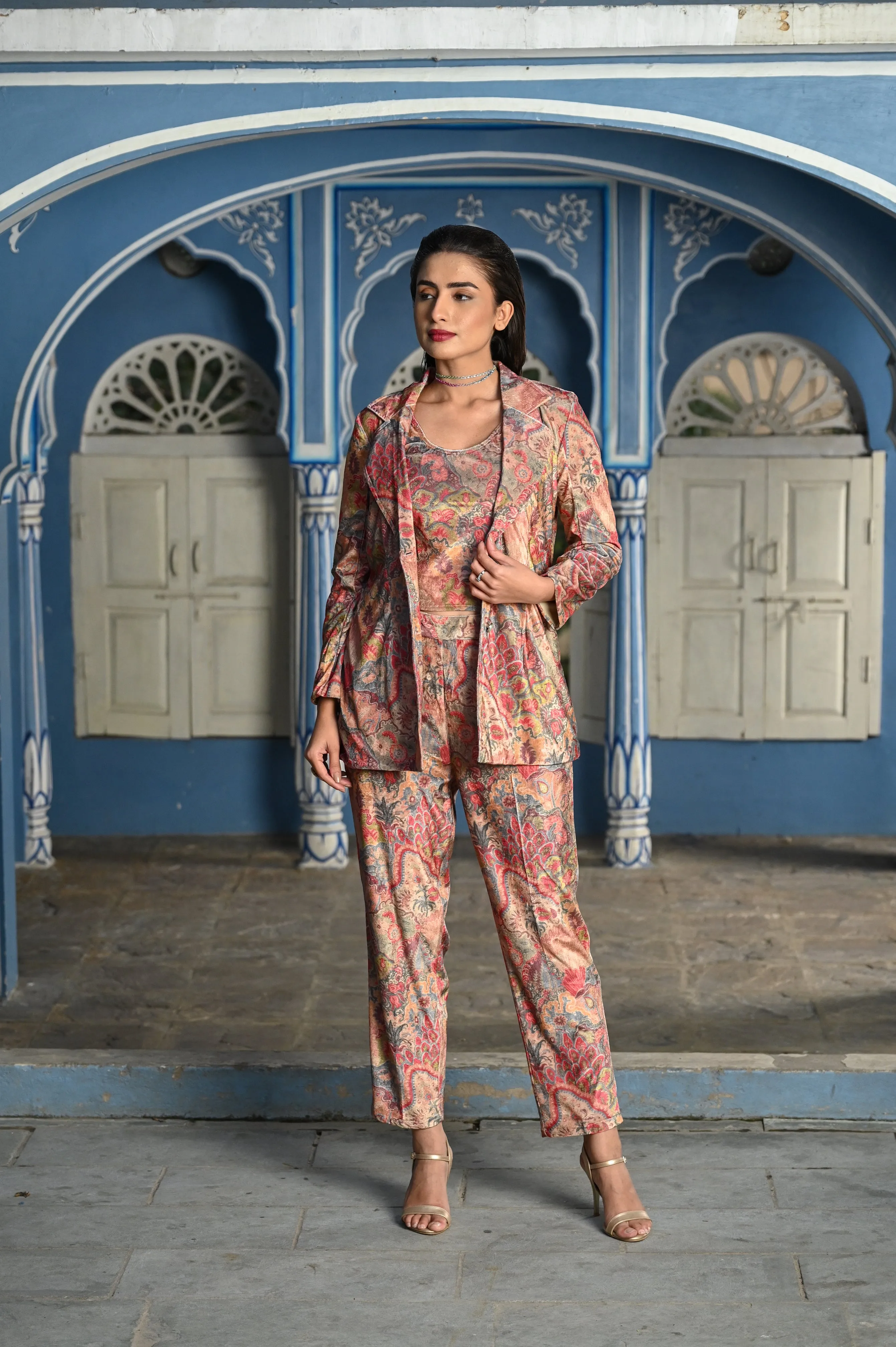 Brown Blossom Velvet Co-ord Set