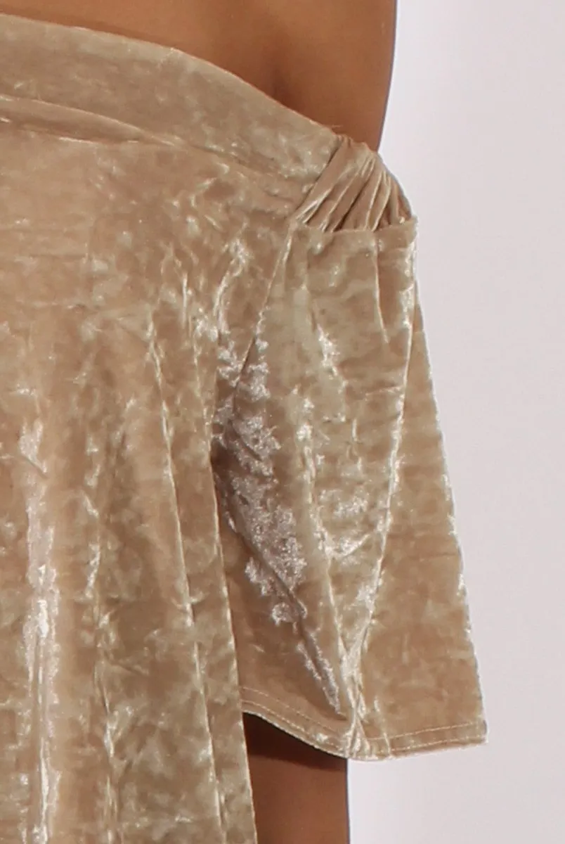 Camel Crushed Velvet Bardot Split Back Top - Geraldine