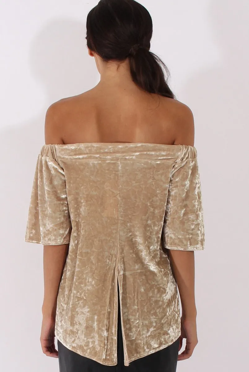Camel Crushed Velvet Bardot Split Back Top - Geraldine