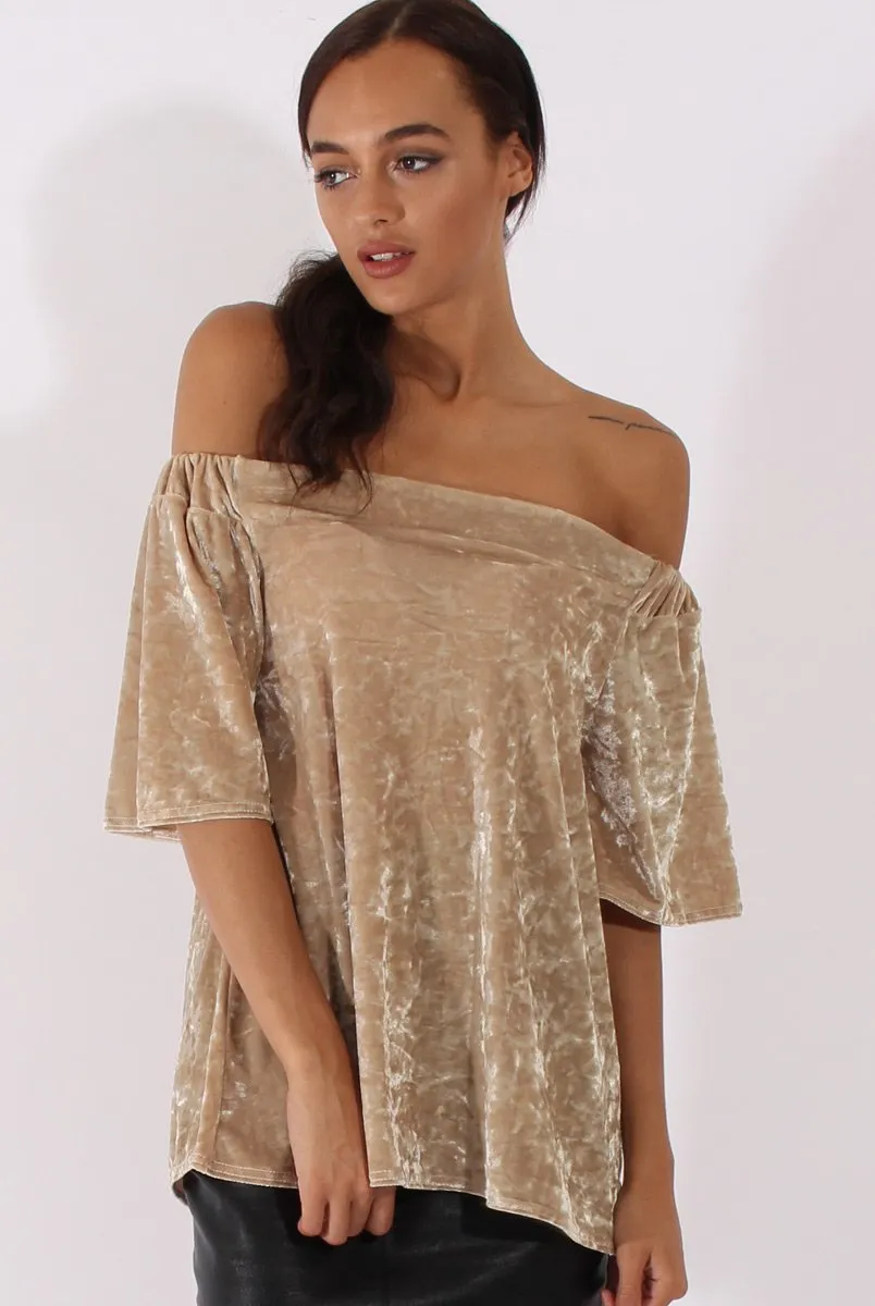 Camel Crushed Velvet Bardot Split Back Top - Geraldine