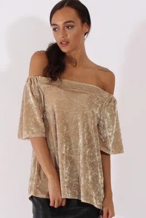 Camel Crushed Velvet Bardot Split Back Top - Geraldine