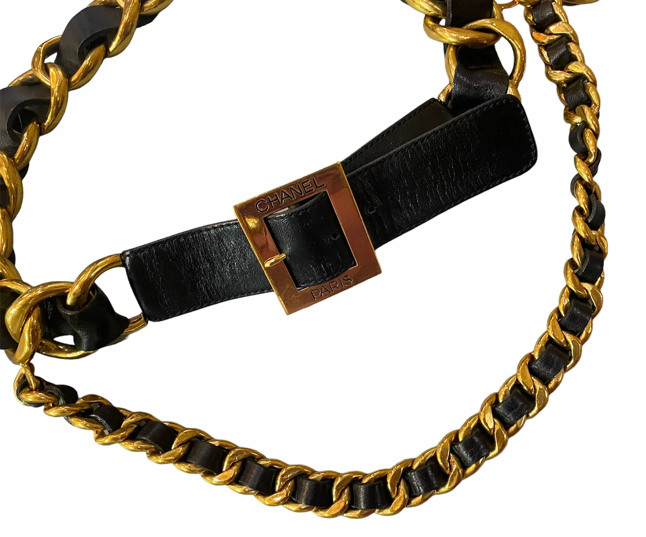 Chanel 90s Leather and Gold Tone Chain Belt