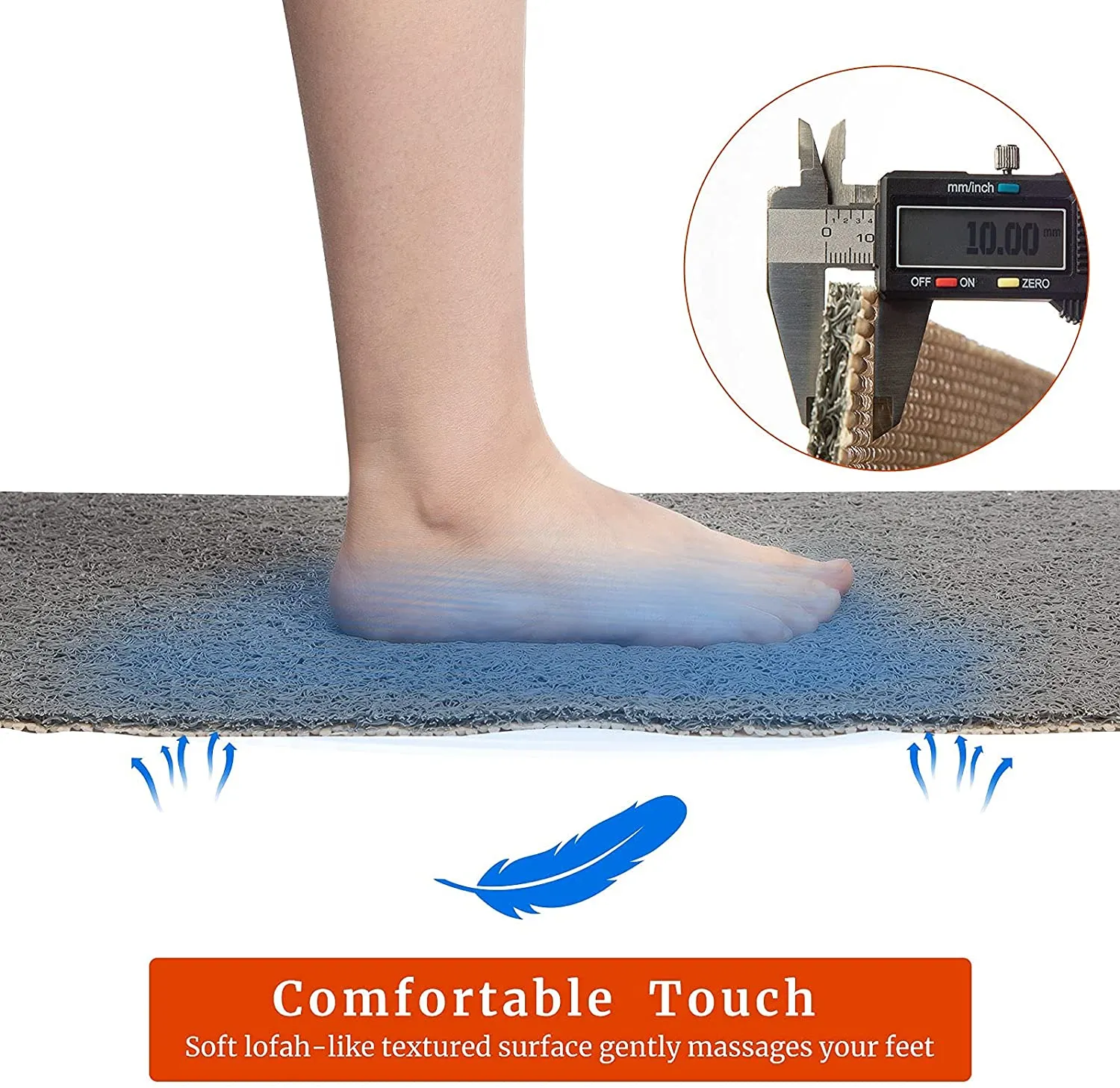 COSYLAND Bathtub Mats Soft Textured Bath Shower Tub Mat, 31.5x16 Inch, Non Slip Comfort Bathroom Mats with Drain, PVC Loofah Mats for Wet Areas, Quick Drying (Gray)