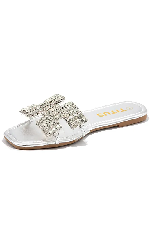 Crystal Stone H-Cutout Band Flat Sandals