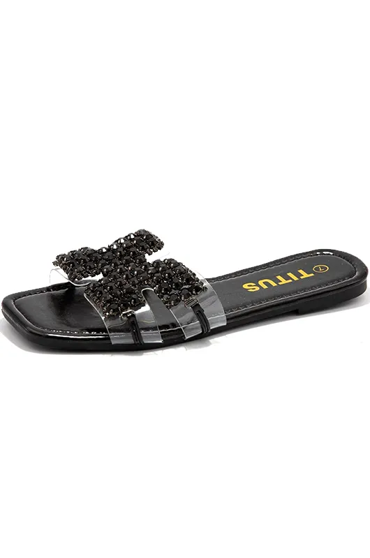 Crystal Stone H-Cutout Band Flat Sandals