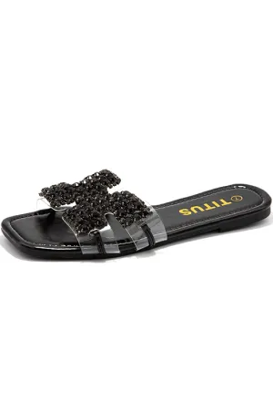 Crystal Stone H-Cutout Band Flat Sandals
