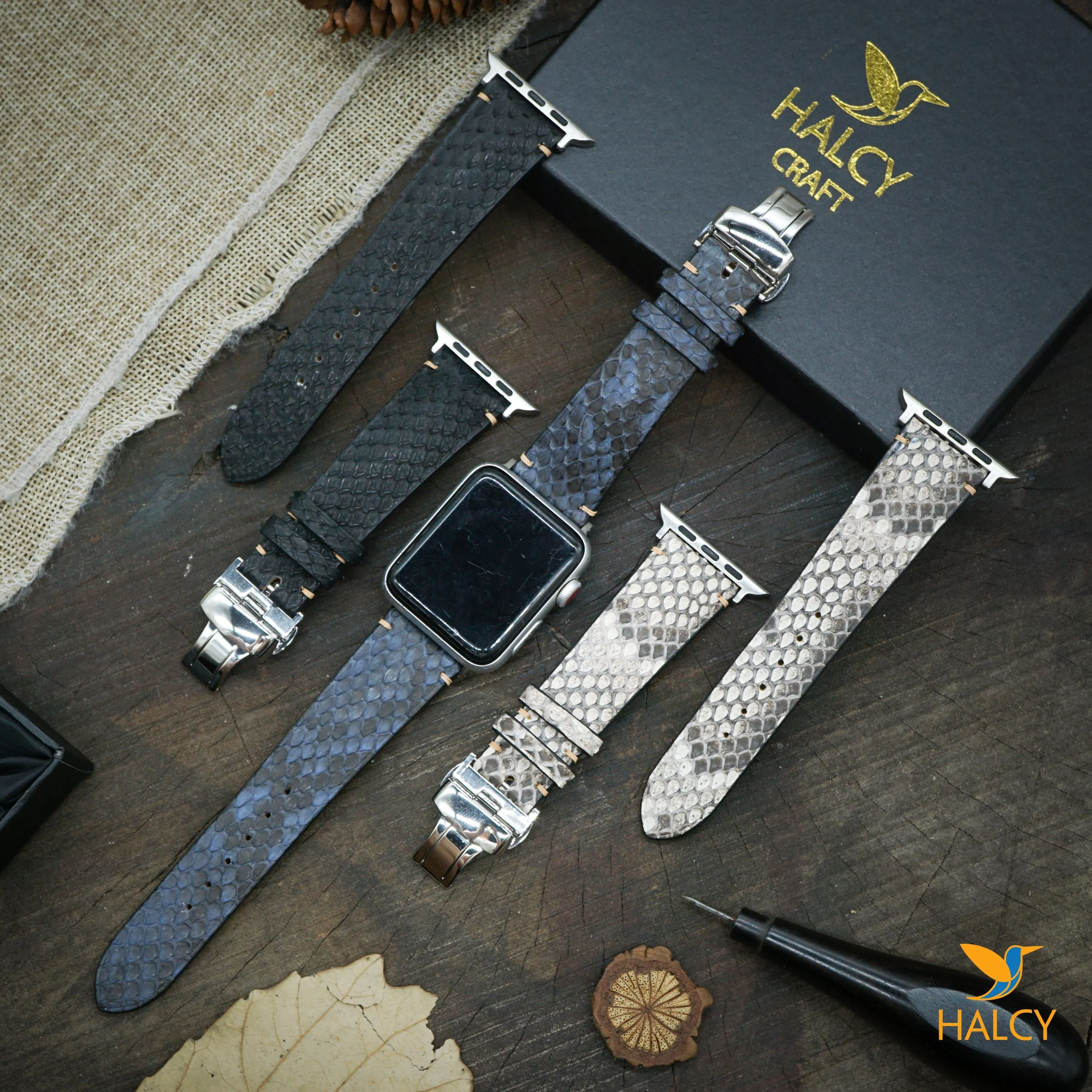 Custom Handmade Python skin is very soft  Watch Band Fit for Apple watch Series 8, 7, 6, 5, 4, 3 : Choice of adapters and Steel Butterfly Clasp color
