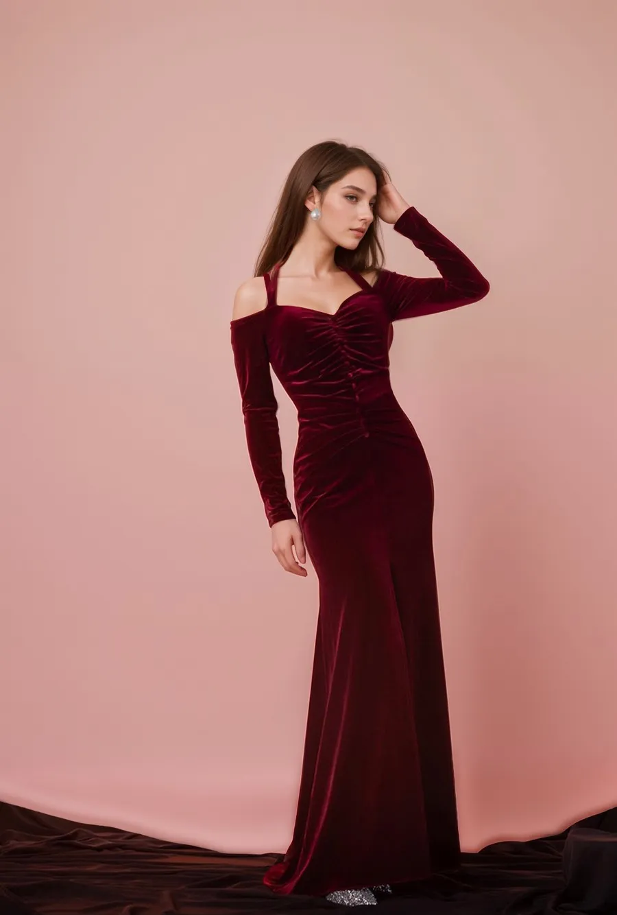 Designer Off-the-Shoulder Velvet Long Sleeves Sheath Prom Dress with Front Slit