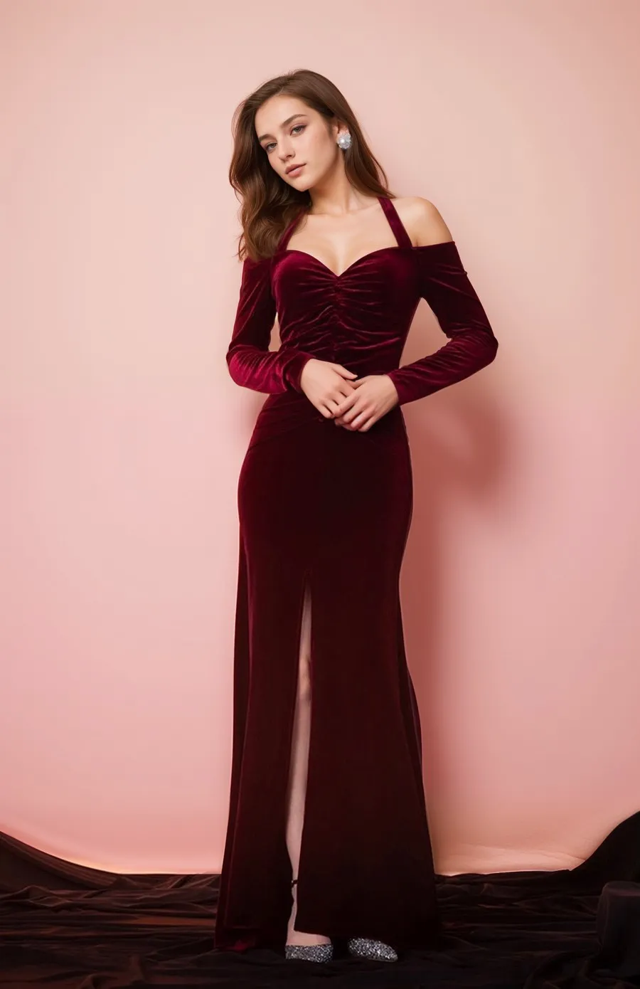Designer Off-the-Shoulder Velvet Long Sleeves Sheath Prom Dress with Front Slit