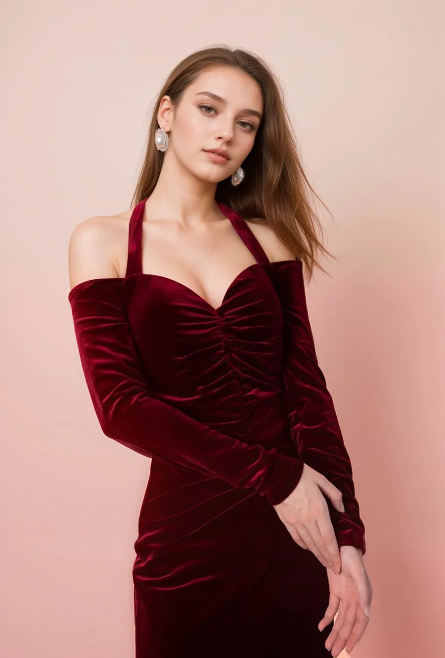 Designer Off-the-Shoulder Velvet Long Sleeves Sheath Prom Dress with Front Slit