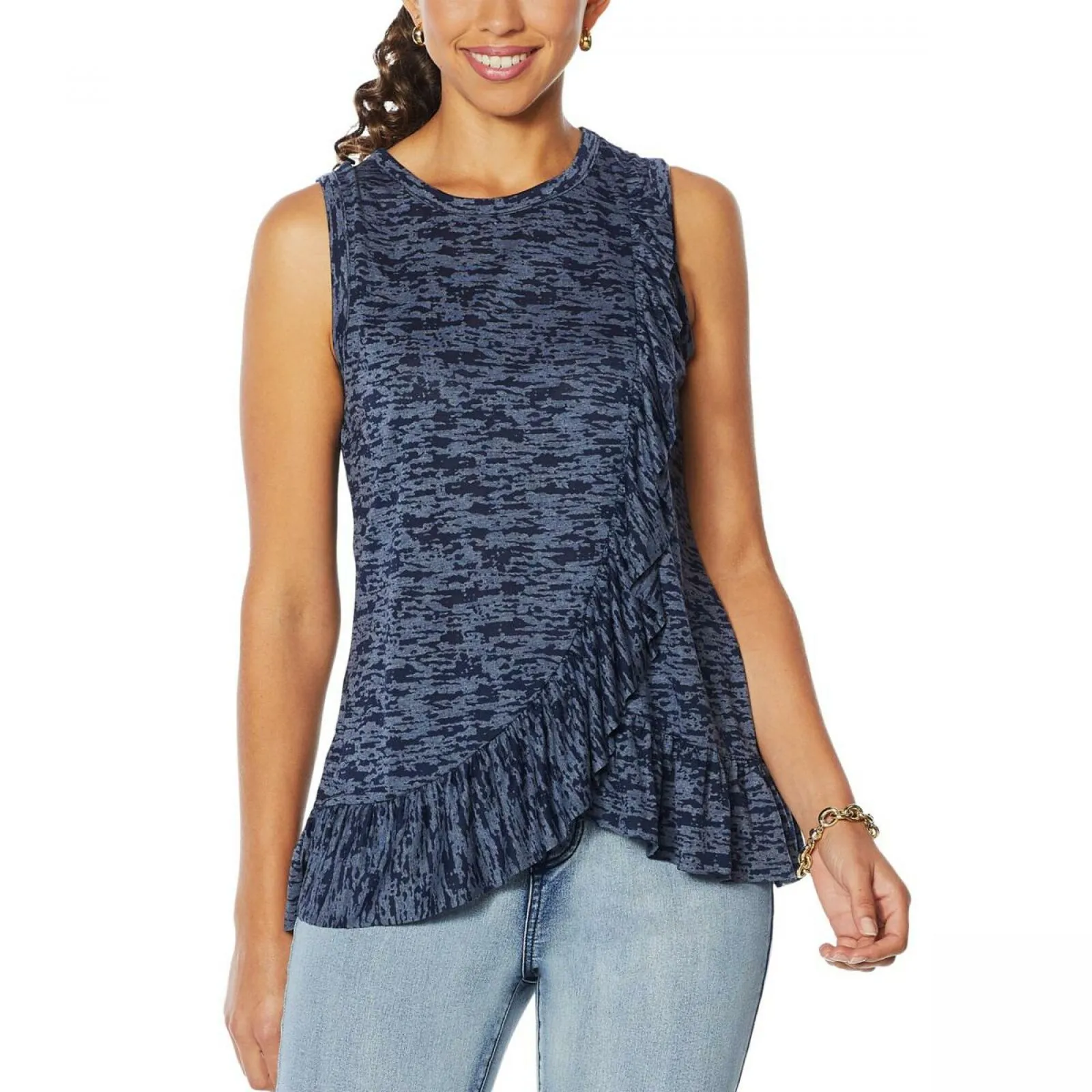 DG2 by Diane Gilman Women's Burnout Ruffle Tank Top Navy Medium
