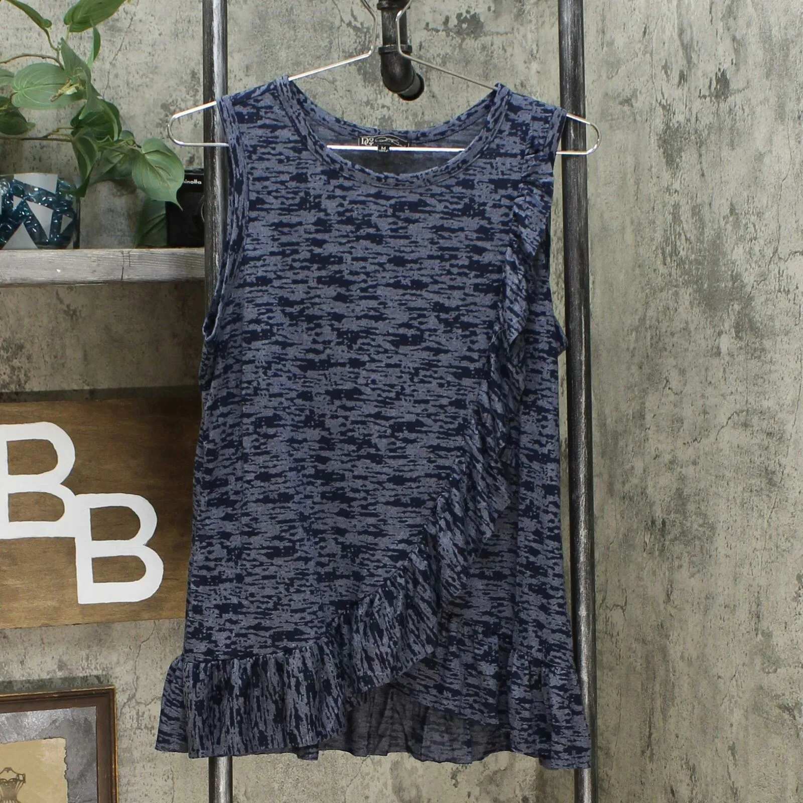 DG2 by Diane Gilman Women's Burnout Ruffle Tank Top Navy Medium