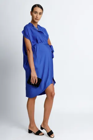 Draped Button Down Shirt Dress - Cobalt