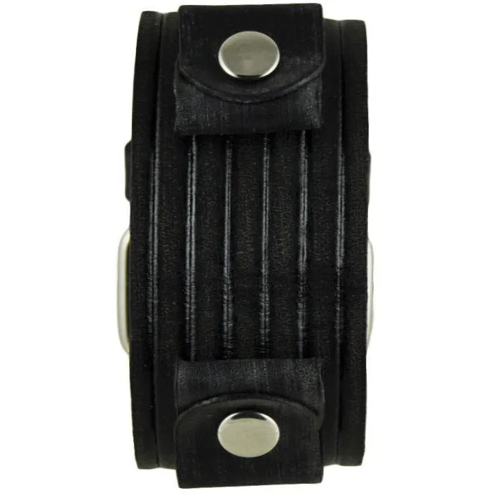 Embossed Stripes Distressed Black Leather Ladies Cuff