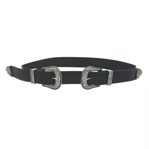 Floral Embossed Double Buckle Western Belt, Black