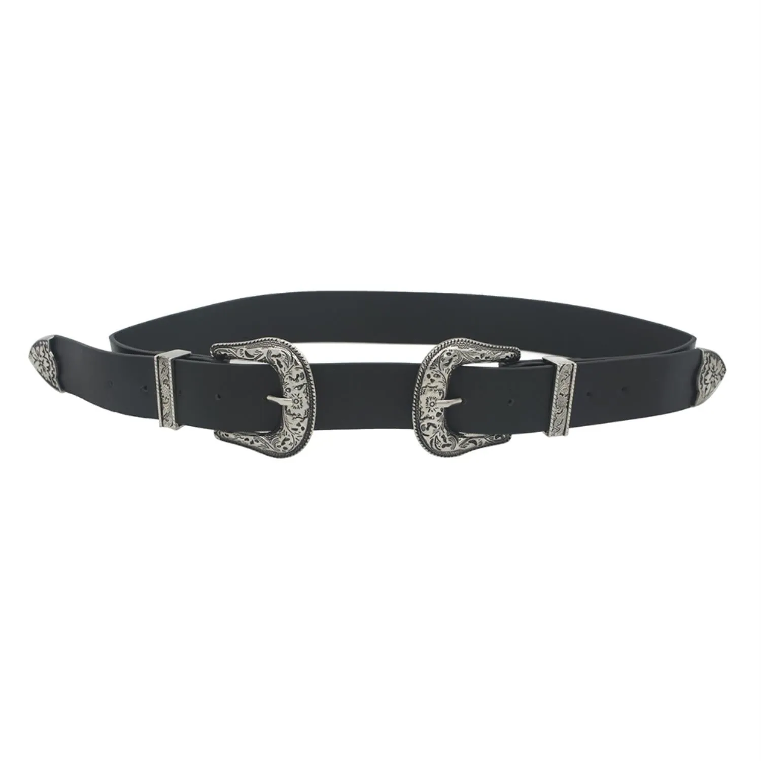 Floral Embossed Double Buckle Western Belt, Black