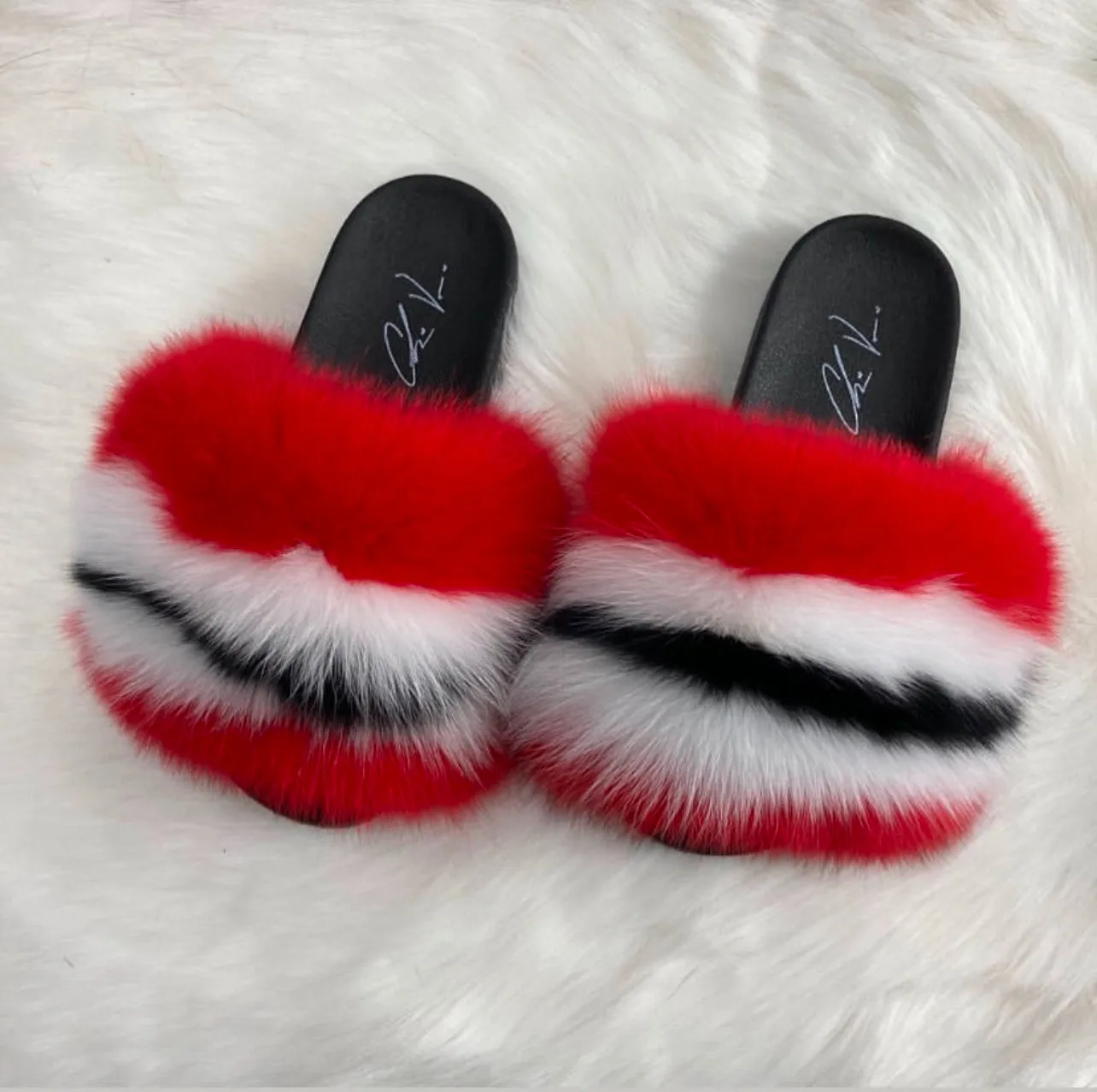 Fur Slides- Red black and White