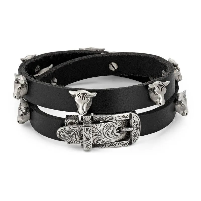 Gucci Anger Forest Double Wrap Leather Bracelet in Black