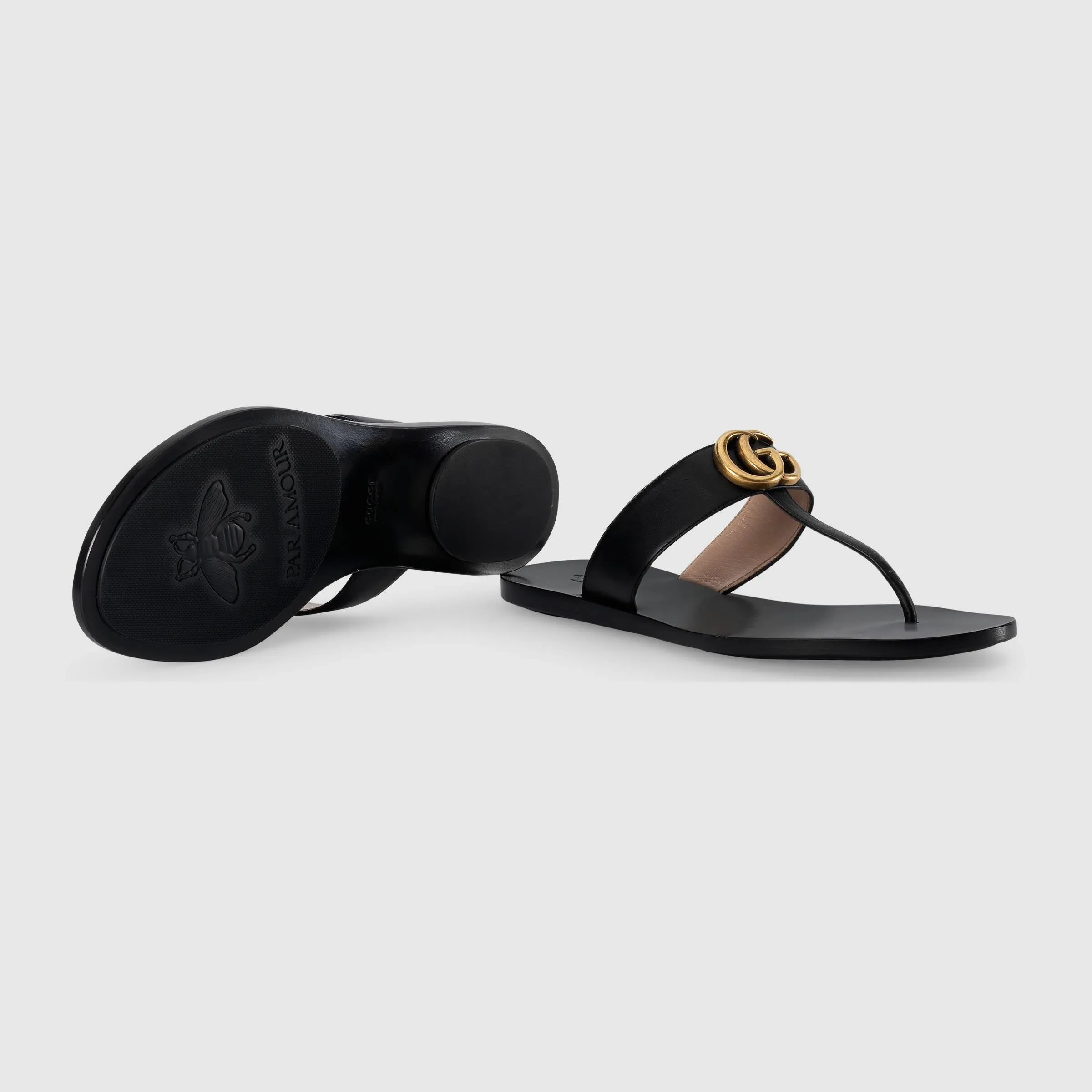 Gucci Double G Leather Thong Sandal in Black
