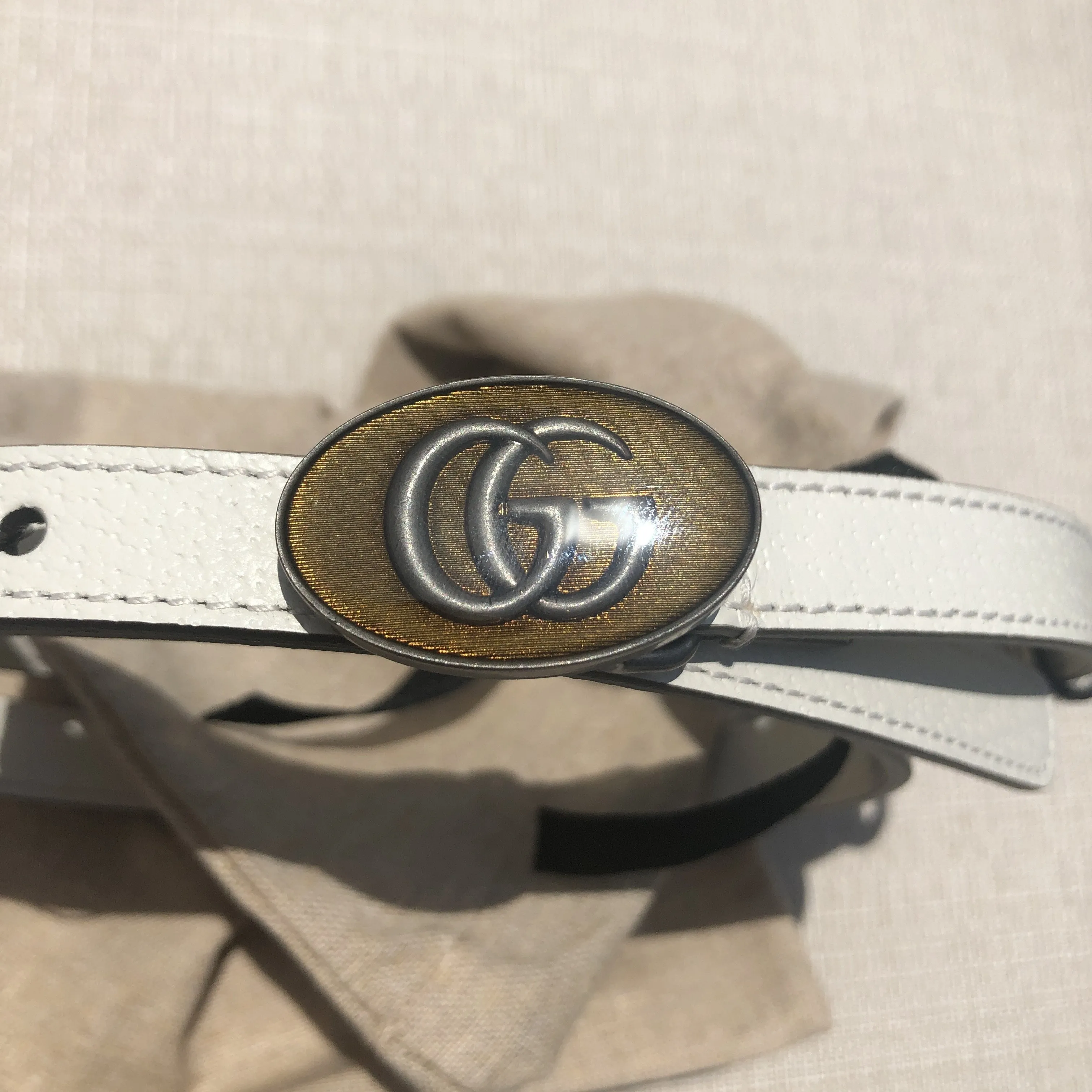 Gucci Leather Belt with Oval Enameled Buckle in White