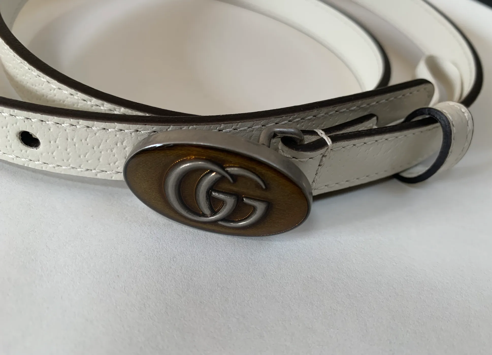 Gucci Leather Belt with Oval Enameled Buckle in White