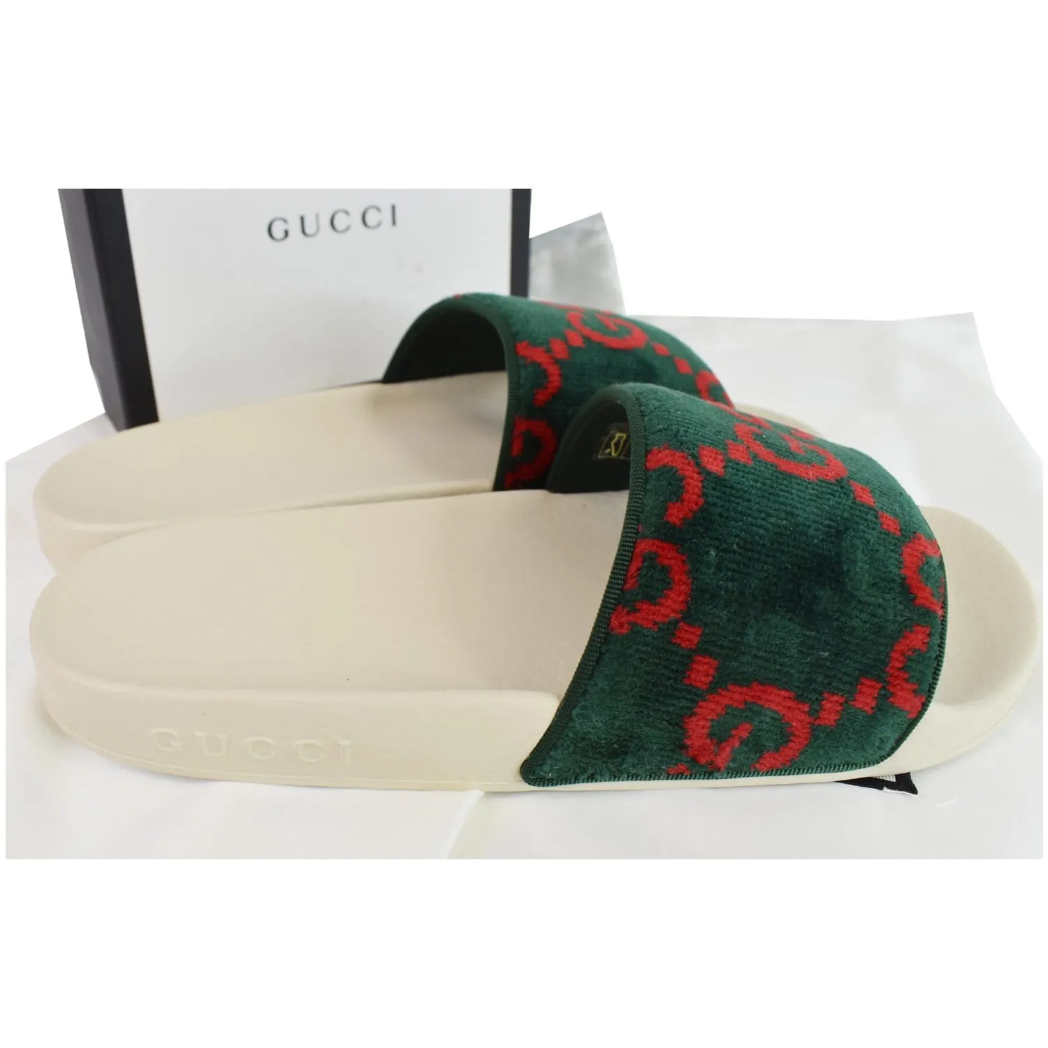 GUCCI Logo Velvet Monogram Slide Sandal 577676 Size 37 Green - Last Call
