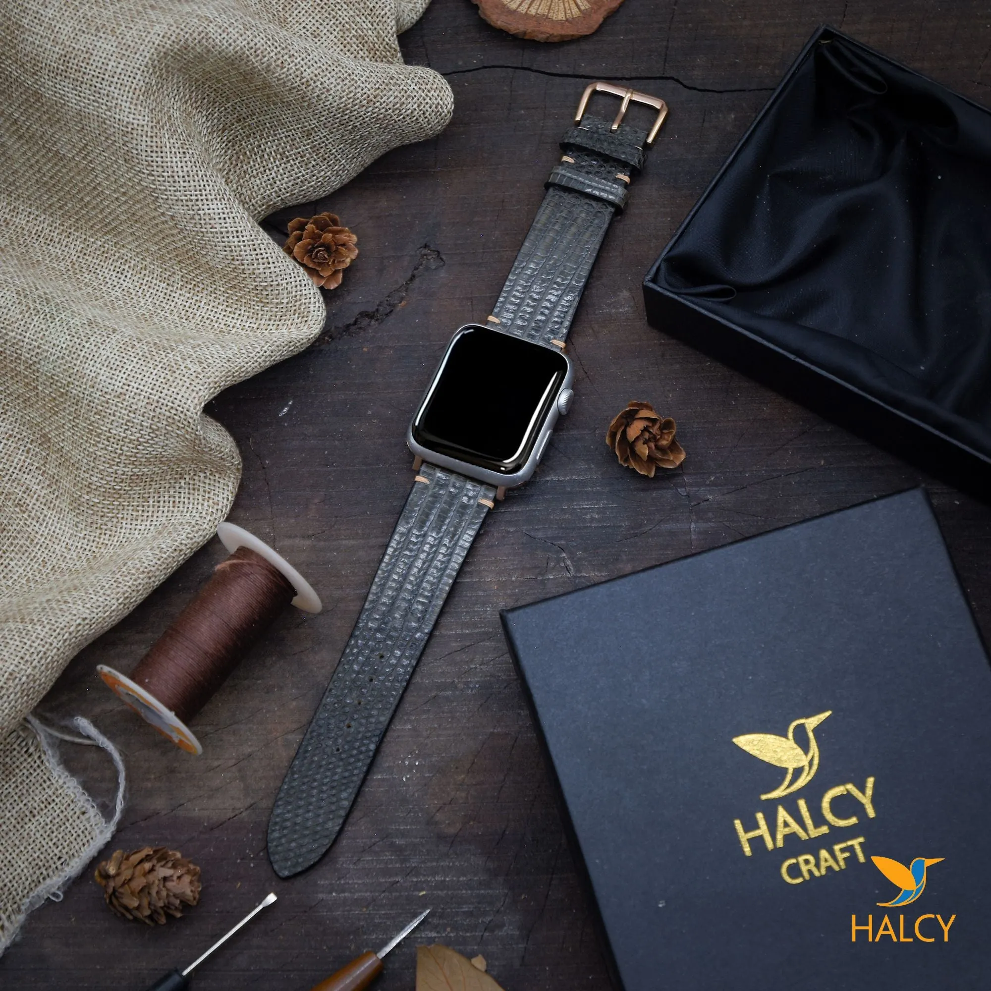 Handmade  Lizard Skin Watch Band Fit for Apple watch Series 8, 7, 6, 5, 4, 3 : Choice of adapters and buckle color