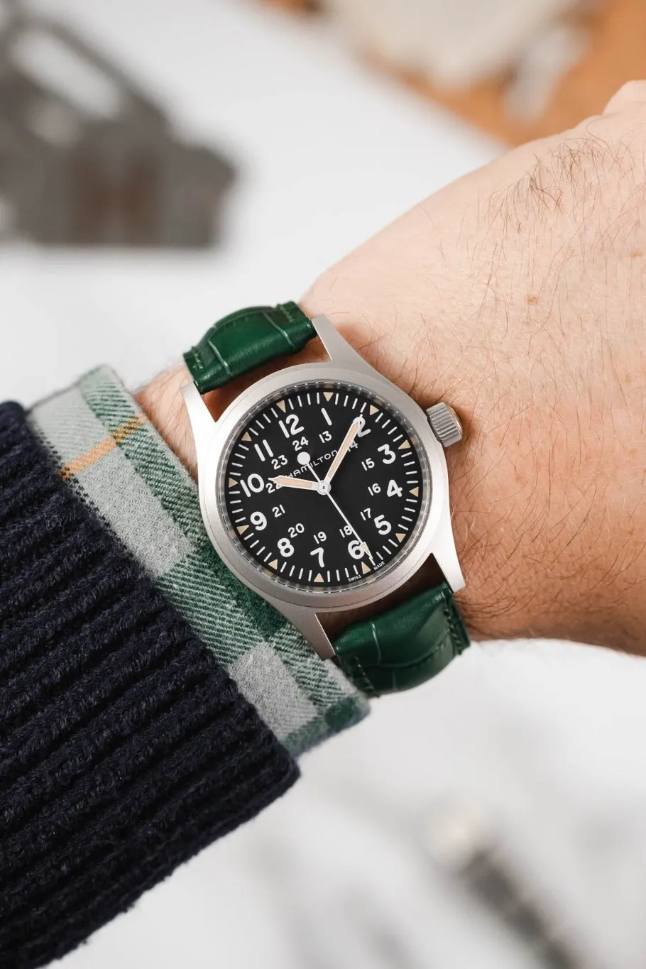 Hirsch DUKE Alligator Embossed Leather Watch Strap in GREEN
