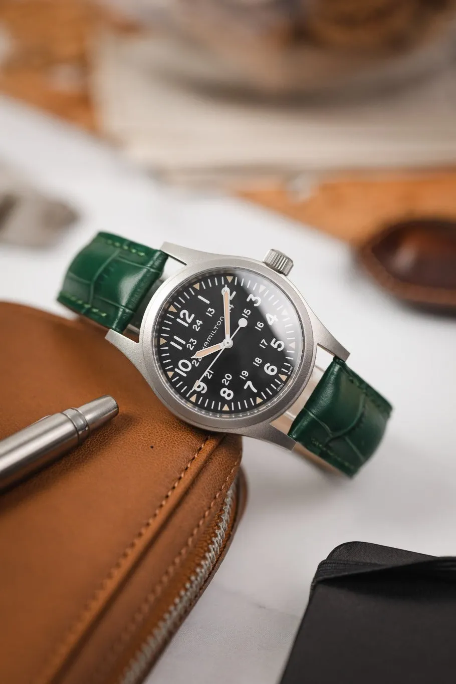 Hirsch DUKE Alligator Embossed Leather Watch Strap in GREEN